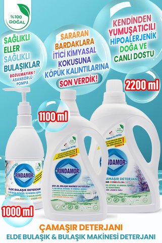 RINDAMOR %100 Doğal Bitkisel Lavanta Yağlı Tüm Renkler Çamaşır Deterjanı & Sıvı Jel Bulaşık Makinesi & Elde Bulaşık Deterjanı Seti