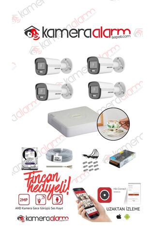 Hikvision 2mp 4 kameralı Dış ortam AHD HD-TVI ColorVu Gece Renkli Kamera Seti