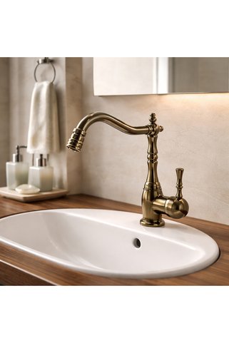 İSAOĞLU YAPI Antik Gold Retro Lavabo Bataryası Yüksek Model Oynar Başlıklı Rustik Eskitme Lavabo Armatür
