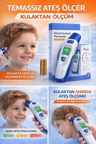 Honsun Temazsız Ateş Ölçer Kızılötesi Termometre - Kulak ve Alından ölçüm, Dijital - +Pilli
