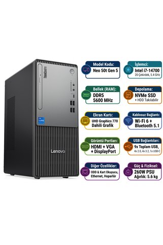 LENOVO ThinkCentre Neo 50T Gen 5 i7-14700 32GB 1TB SSD Windows 11 Pro Masaüstü PC 12UD001UTR 016