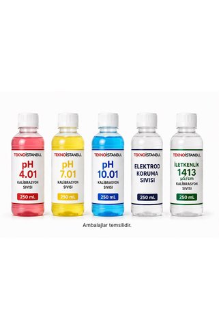 teknoistanbul pH 4.01 - 7.01 - 10.01 - Elektrod Koruma - 1413 µS/cm İletkenlik Kalibrasyon Sıvısı (250 mL Set)