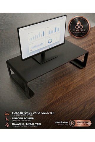 Plasfire Siyah Metal Laptop ve Monitör Standı - Çalışma Masası Alan Kazandırıcı Yükseltici