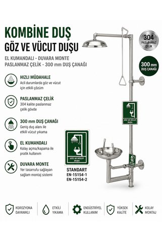 ery iş güvenliği ekipmanları Kombine Duş Paslanmaz Çelik - El Kumandalı, Duvara Monte, 300 mm Duş Çanağı