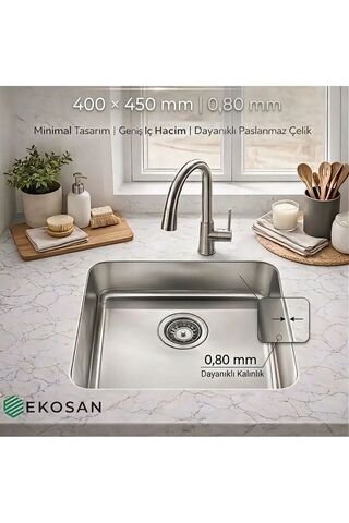 Ekosan Paslanmaz Çelik, Tezgah Altı Krom Evye 40 x 45, 0,80