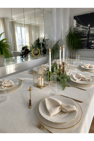 Decamor home Royal Keten Dokulu Gold Simli Ekru Masa Örtüsü (PEÇETE DAHİL DEĞİL )