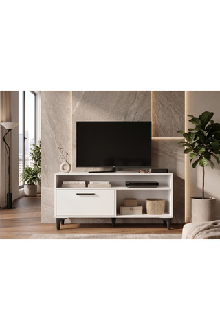 ENG AHŞAP Modern Beyaz TV Ünitesi 120 cm - Ayaklı ve Duvara Monte Edilebilir Çift Yönlü Kullanım