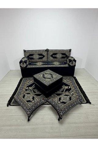 BAKIRÖZÜ HOME Lacivert Yahyalı Şark Köşesi Seti - 40 cm Ekstra Kalın Zemin Minderi ve Halı Takımı