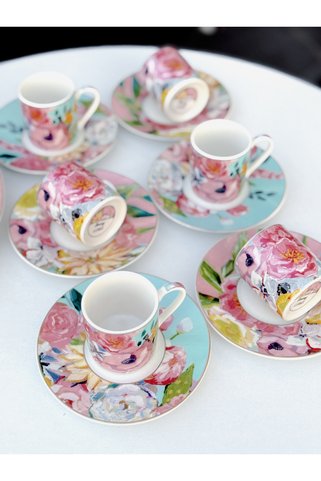 Lucky Art Peony Desenli 6 lı Bone China Porselen Kahve Fincanı seti 100 ml