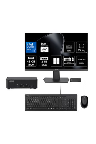 ASUS NUC14 Pro Slim Kit Intel Core 3-100U 48GB RAM 2TB SSD 27" Full HD Monitör Win11 Home RNUC14RVKI300002IP779 Mini Masaüstü Bilgisayar + PER4 USB BELLEK