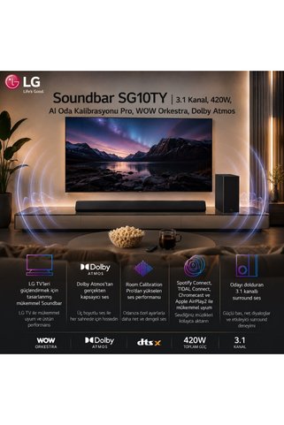 LG Soundbar SG10TY | 3.1 Kanal, 420W, AI Oda Kalibrasyonu Pro, WOW Orkestra, Dolby Atmos