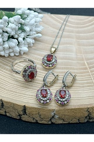 keskin silver Oval Kırmızı Taşlı 925 Ayar Gümüş Takı Seti ✨