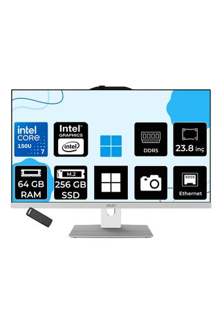 MSI Modern AM242P Intel Core 7 150U 64GB RAM 256GB SSD Intel Graphics 23.8" Full HD (1920x1080) Win11 Pro 1M-2288NEUP537 Beyaz All In One Bilgisayar + Per4 USB Bellek