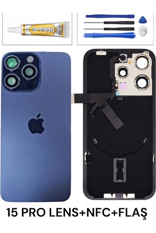 indirimplus iPhone 15 Pro Arka Kapak 15 Pro Arka Pil Kapağı Mavi Renk (Full NFC +Lensli +Flaş) Cam Ürün