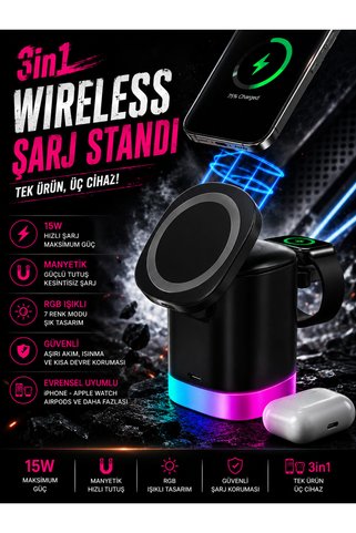 DEANB 15W Hızlı IOS - Android Uyumlu AirPods Magsafe Wireless Kablosuz Şarj Standı - RGB Işıklı