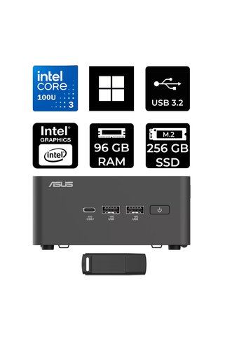 ASUS NUC 15 Pro Tall Intel Core 3-100U 96GB RAM 256GB SSD Win11 Pro RNUC15CRHI300002P441 Mini Masaüstü Bilgisayar + PER4 USB BELLEK