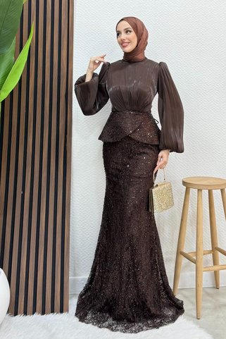 Lamia Giyim Marcella Dantel İşleme Abiye Acı Kahve