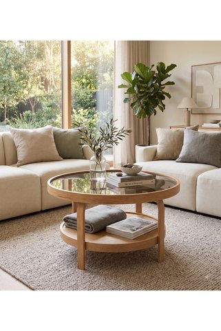 KLASS DEKOR Ceviz/ Meşe/ Beyaz/ Siyah TEMPERLİ CAM Masif Ahşap Balkon- Hol- Koridor- Mutfak- Salon- Ofis Glamous Camlı Orta Sehpa Çap 80 cm