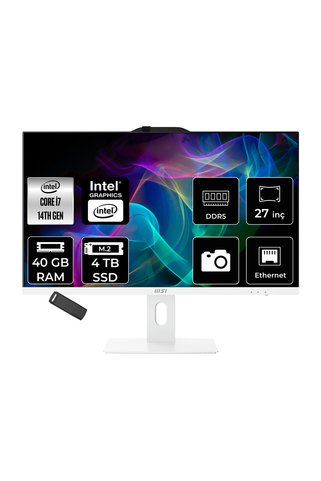 MSI Pro AP272P Intel Core i7 14700 40GB RAM 4TB SSD UHD Graphics 27" Full HD (1920x1080) FreeDOS 14M-866XEUP329 Beyaz All In One Bilgisayar + Per4 USB Bellek