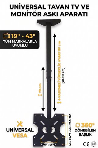 Eranura Strong 42" Inç - 106 Uyumlu Ekran Tv- Lcd-led-monitör Televizyon Hareketli Tavan Askı Aparatı