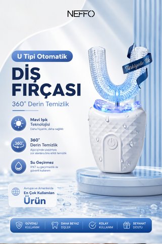 NEFFO Titreşimli Ağız Diş Fırçası U Tipi Mavi Işık Destekli Otomatik Diş Fırçası | 360° Derin Temizlik