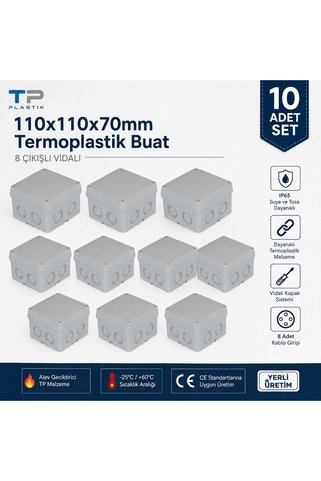 TP Plastik 110x110x70 mm Termoplastik Buat 8 Çıkışlı Vidalı Kapak 10 Adet Set