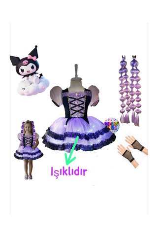 3b kids kuromi ışıklı elbise kuromi saçlı kostüm çocuk balo mezuniyet