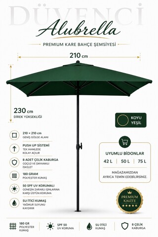 Düvenci Alubrella Yeşil Kare Bahçe, Güneş Şemsiyesi 210x210/8 Çelik Tel BİDONSUZ