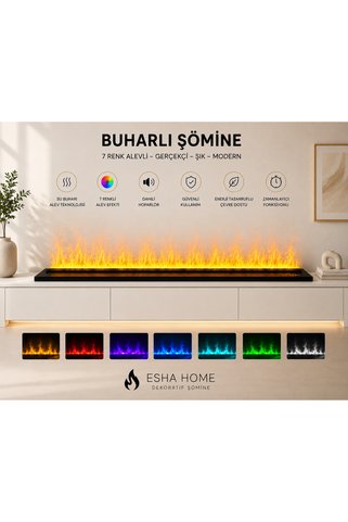 Esha Home 100 cm 3D Su Buharlı Elektrikli Şömine – ESHA HONE- 7 Renk Seçenekli, Odun Alev Sesi, Bluetooth