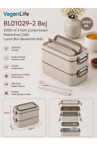 Vagonlife BL01029-2 Bej 2000 ml 2 Katlı Çorba Kaseli Paslanmaz Çelik Lunch Box Beslenme Kabı