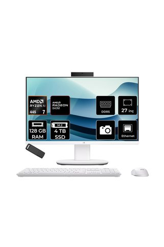 ASUS Expertcenter V600 Aio (VM670GA) AMD RYZEN AI 7 445 128GB RAM 4TB SSD AMD Radeon 840M 27" Full HD (1920x1080) FreeDOS VM670GA-WPE032WP359 Beyaz All In One Bilgisayar + Per4 USB Bellek