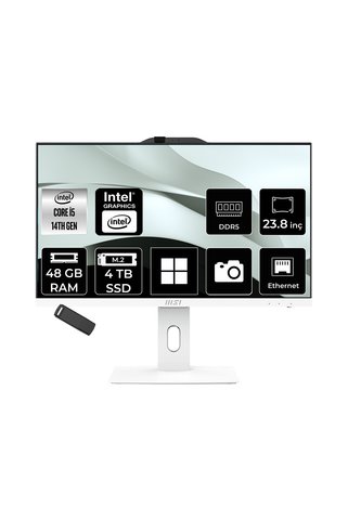 MSI PRO AP242P Intel Core i5 14400 48GB RAM 4TB SSD UHD Graphics 23.8" Full HD (1920x1080) Win11 Pro 14M-1201EUP535 Beyaz All In One Bilgisayar + Per4 USB Bellek