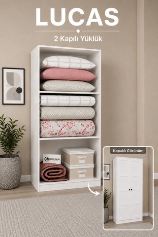 midoser Lucas 2 Kapılı Yüklük, Yorgan, Yastık Dolabı - Mat Beyaz 1600-80, 190 cm
