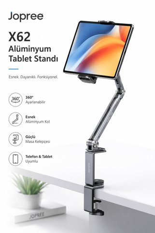 Coverzone Alüminyum Tablet Standı Masa Kelepçeli 360° Döner Telefon ve Tablet Tutucu | Jopree X62