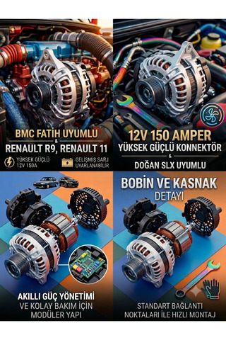 EL-İS OTOMOTİV 12V 150A Yüksek Güçlü Şarj Dinamosu - Doğan Slx, Şahin, R9/R11, Bmc Fatih Uyumlu (Klimalı Araçlar Için)
