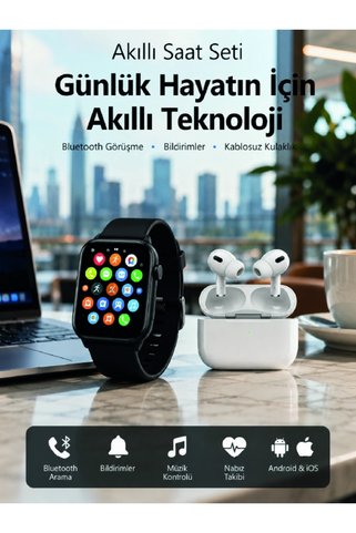 Epilons Bluetooth Arama Özellikli Akıllı Saat Seti Kablosuz Kulaklık Hediyeli, Android & İos Uyumlu