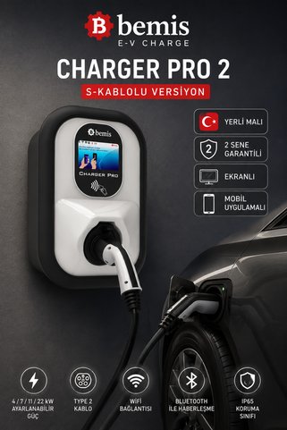 Bemis 22 kW Wallbox Ekranlı Elektrikli Araç Şarj İstasyonu Kablolu WiFi RFID + Mobil