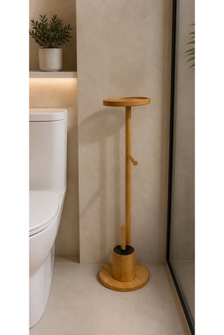 morponi Ahşap Bambu Çok Amaçlı Tuvalet Kağıdı Askısı, Yedekli Stand Ve Banyo Fırçalık Seti YUVARLAK