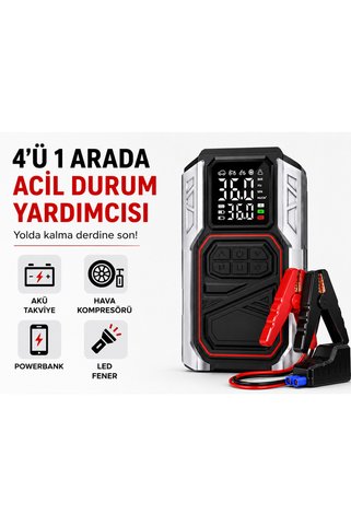 SMAYLİNG Akü Takviyeli Hava Kompresörü 150 PSI, 10.000 mAh Taşınabilir Jump Starter, Dijital Ekranlı Lastik Şişirme Pompası, USB Powerbank ve LED Fener Özellikli, Otomobil Motosiklet Bisiklet Top İçin