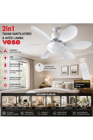 Go İthalat 2İN1=TAVAN VANTİLATÖR - AVİZE LAMBA 40W KUMANDALI 6KNAT VNT-005 (5671)