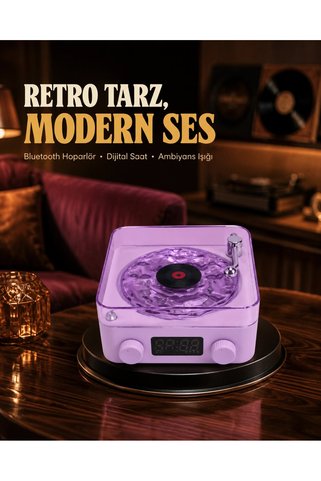 Epilons Projektör Işıklı Retro Hoparlör Bluetooth Aux Usb Hafıza Kartlı 360° Sesli Şarjlı