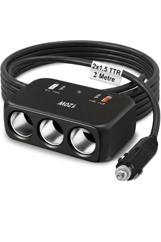 Geseus Araç Çakmak Uzatma Kablosu Çakmaklık Çoklayıcı USB, Type-C çıkışlı 12 Volt 10 Amper 120 WAT 2 X1,5m