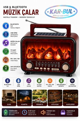 kar-bul Kaliteli Rt-754 Solar Enerjili Şömine Görünümlü Bluethoot Radyo Müzik çalar