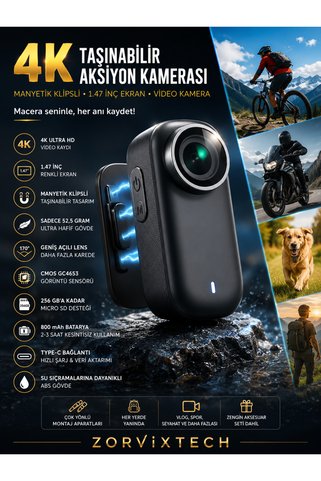 ZorvixTech 4K Taşınabilir Aksiyon Kamerası Manyetik Klipsli 1.47 İnç Ekran Video Kamera