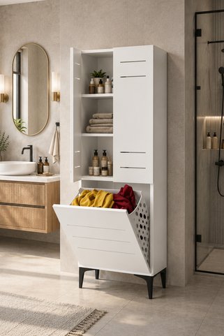Avmpark Miero Düşer Kapaklı Kirli Sepetli Banyo Dolabı Çok Amaçlı Raflı Çamaşır Dolabı 180x60x42 cm