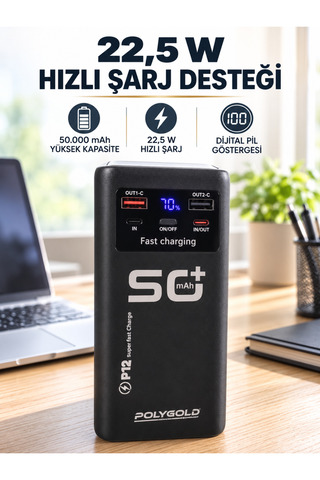 Lisinya Yüksek Kapasiteli 50.000 mAh Powerbank 22,5 W Hızlı Şarj 4 Dahili Kablo LED Aydınlatma -