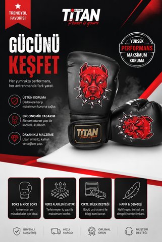 Titan Sport Siyah Boks Eldiveni, Kırmızı Pitbul Baskılı Özel Model