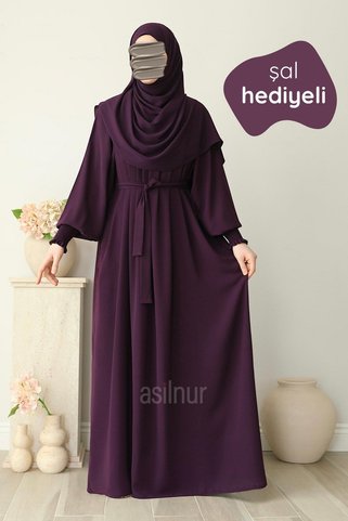 ASİLNUR Mahi Elbise Şal Hediyeli Takım Mürdüm