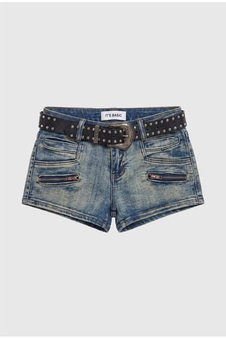 it's basic Kadın Kot Rengi Mini Kemer Dahil Özel Tasarım Denim Şort