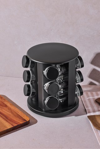 Perotti Siyah Döner Standlı Yuvarlak Cam Siyah Kapaklı Casa Black 12'li Standlı Baharatlık Seti